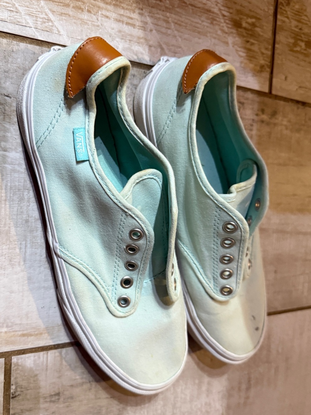 Vans Women's Slip-On Light Mint Canvas Sneakers with Leather Heel Accent